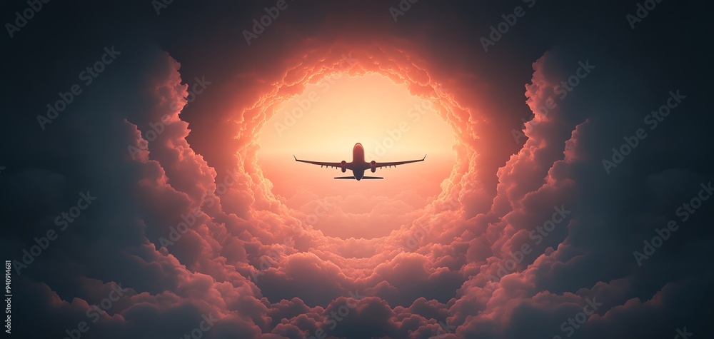 Naklejka premium A stunning sunset silhouette of an airplane flying through vibrant clouds, capturing the essence of travel and adventure.