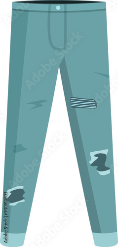 Blue jeans are shown with large holes in the knees, illustrating a modern fashion trend