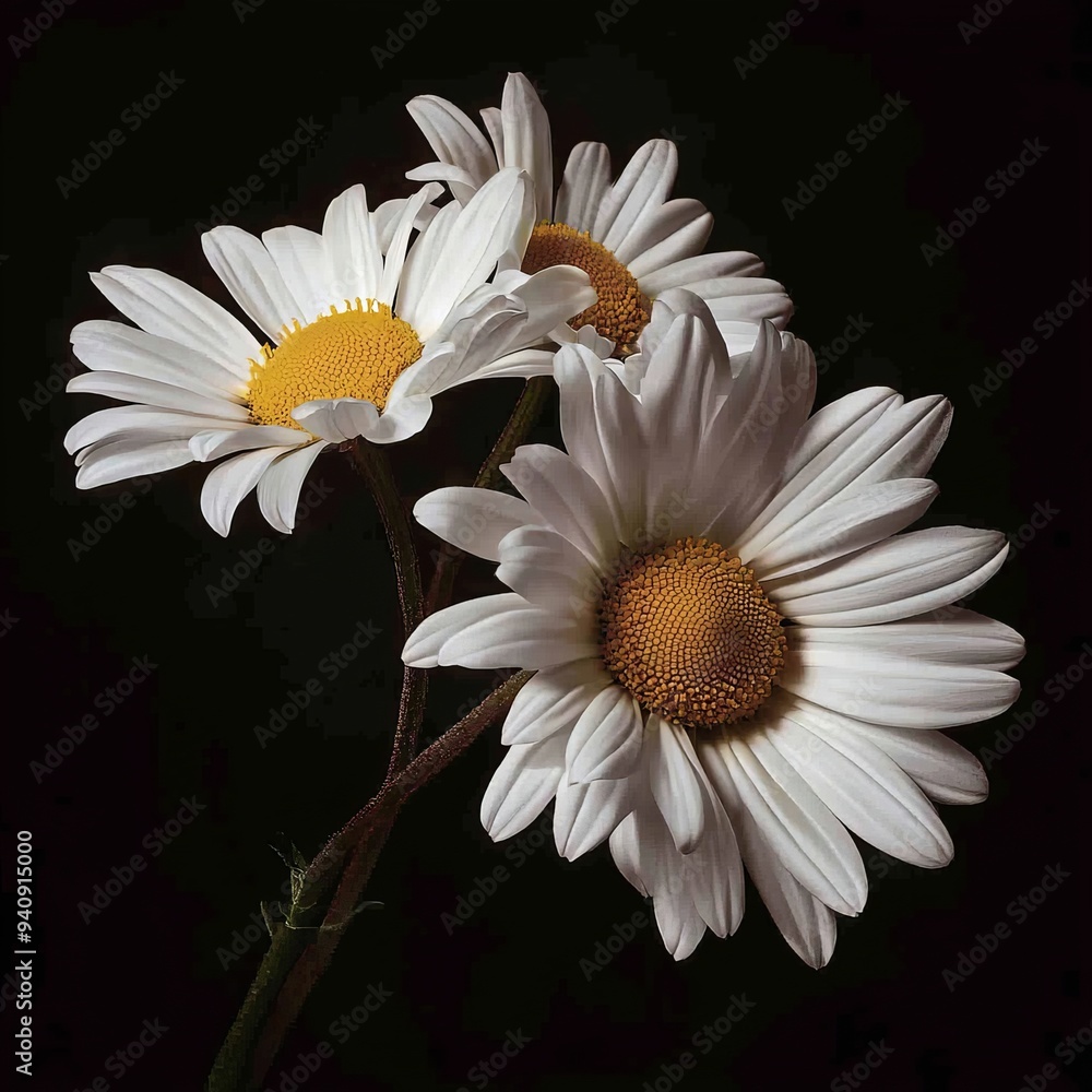 Obraz premium The flowers were isolated on a black background with green stems and white petals