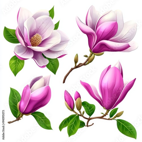 Clipart of pink flowers, botanical illustration, tropical nature, white background.