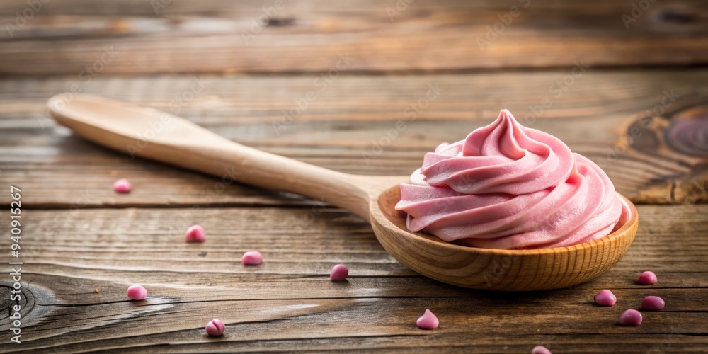 a photo image of a whimsical wooden spoon resting beside a dollop of soft pink frosting on a worn wooden countertop a photo image of a whimsical wooden spoon resting beside a dollop of soft pink frosting on a worn wooden countertop