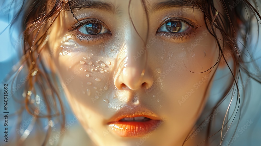 A close-up portrait highlighting a woman's expressive eyes and radiant skin, embodying beauty and calmness in soft light. A close-up portrait highlighting a woman's expressive eyes and radiant skin, embodying beauty and calmness in soft light.