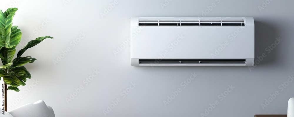 Sleek modern air conditioner in a minimalist living room, home comfort, cooling technology Sleek modern air conditioner in a minimalist living room, home comfort, cooling technology