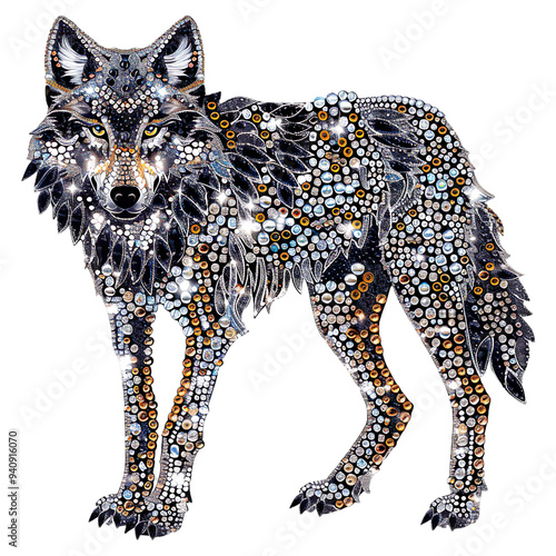 Full length of Rhinestone Wolf, Vintage Decoration Isolated on transparent background. photo