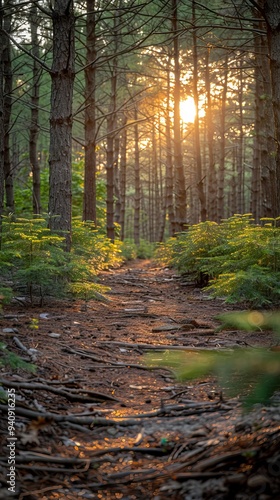 Serene forest pathway illuminated by golden sunrise, showcasing vibrant foliage and rustic terrain, inviting a peaceful nature experience.