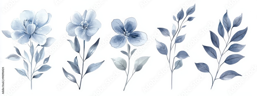 Fototapeta premium A watercolor illustration of a botanical collection. It includes leaves, flowers, branches, herbs, and other natural elements. It also features blue flowers.