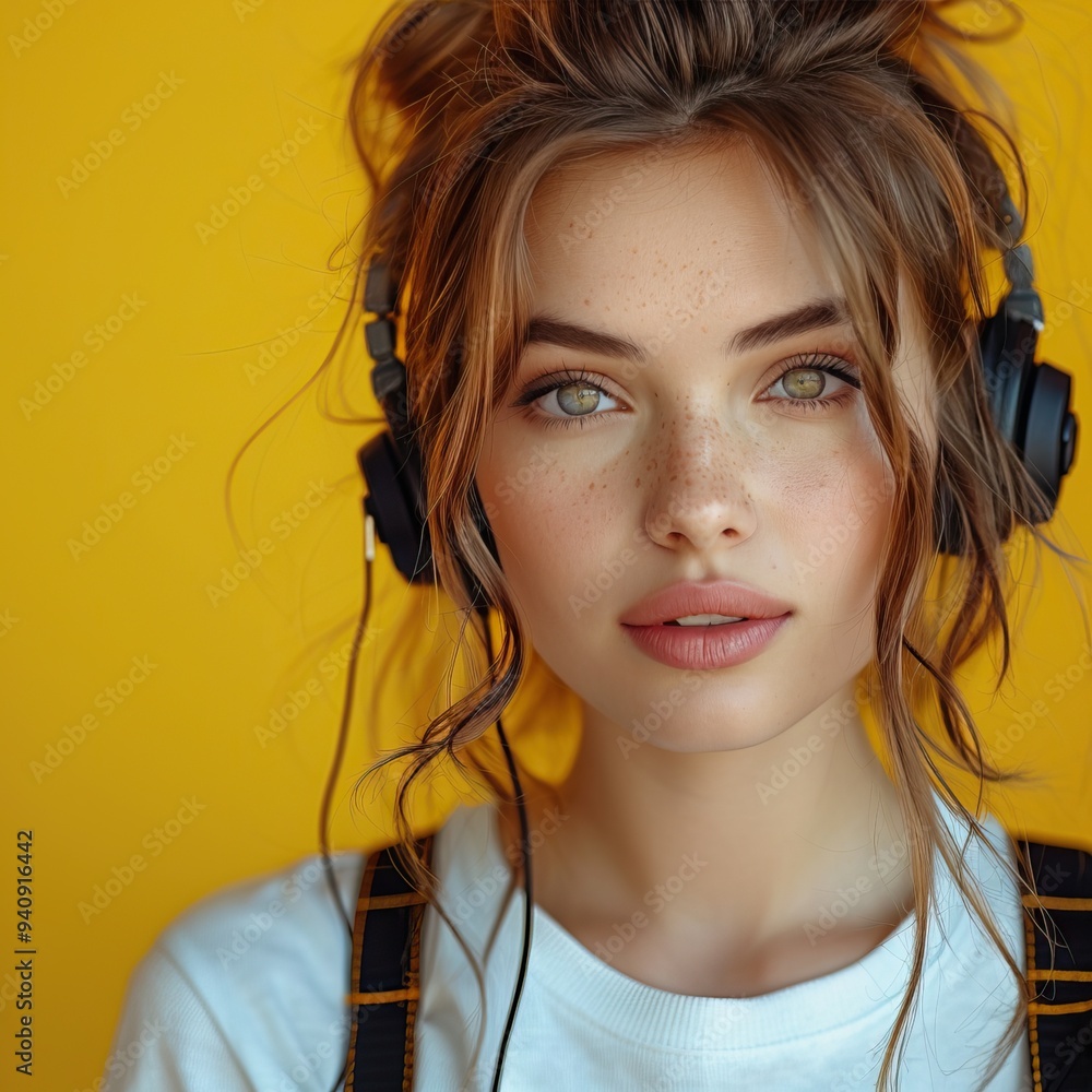 Young woman with headphones on, looking at the camera against a vibrant yellow background, exuding confidence and style. Young woman with headphones on, looking at the camera against a vibrant yellow background, exuding confidence and style.