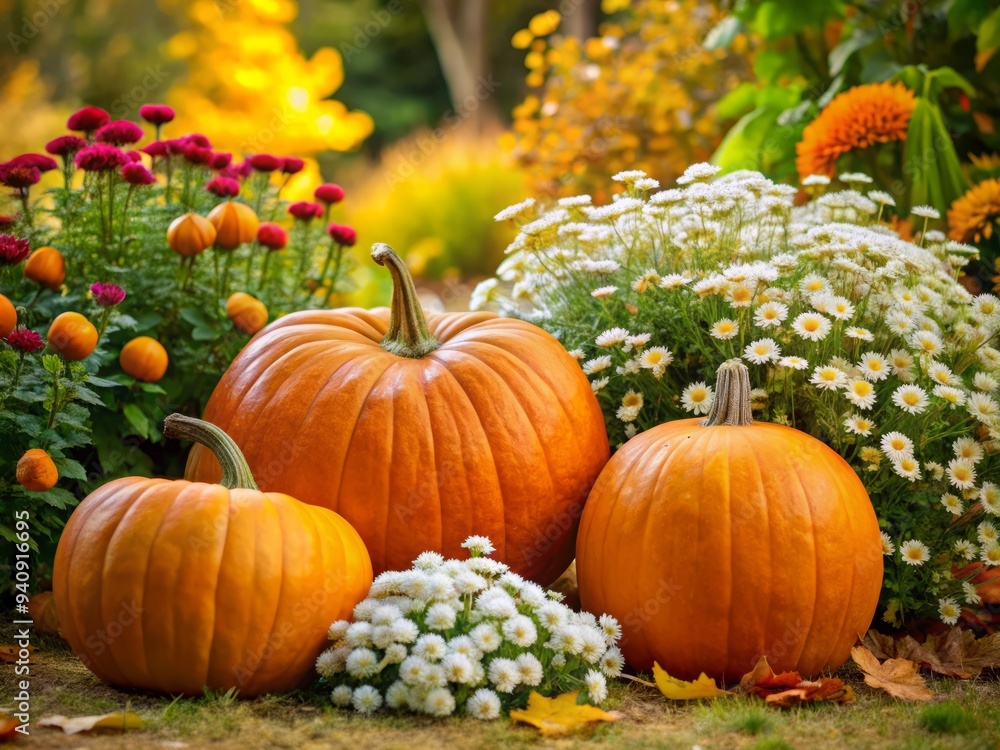 a photo image of a lush autumnal scene featuring an arrangement of vibrant orange pumpkins surrounded by delicate white flowers and lush greenery