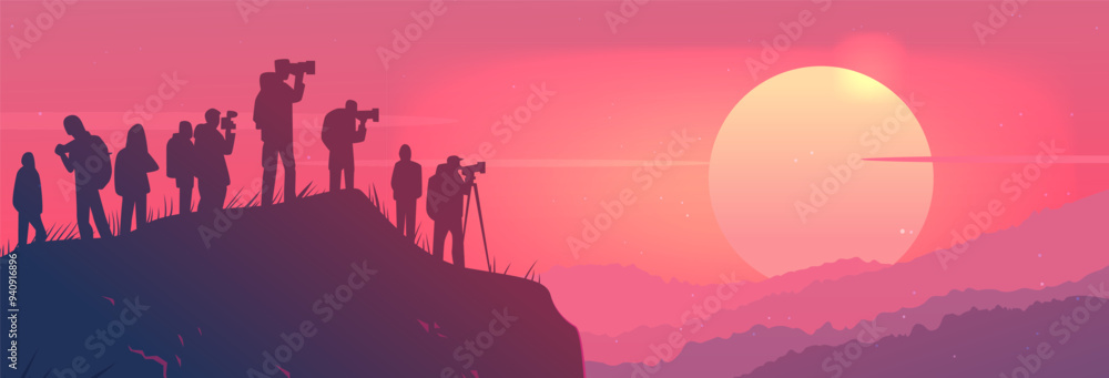 Naklejka premium Photographers capturing sunset on hill silhouettes scenic landscape pink sky large sun mountains nature community