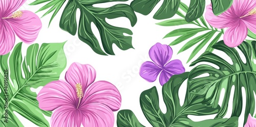 This seamless pattern features exotic flowers and leaves with a hand-drawn background. It is decorated with tropical leaf tiles.