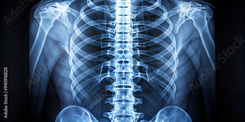 The X-ray image reveals the vertebrae's distinctive shapes, surrounded by transparent discs, with gentle curves and subtle shadows casting a glimpse into the spine's intricate architecture. photo