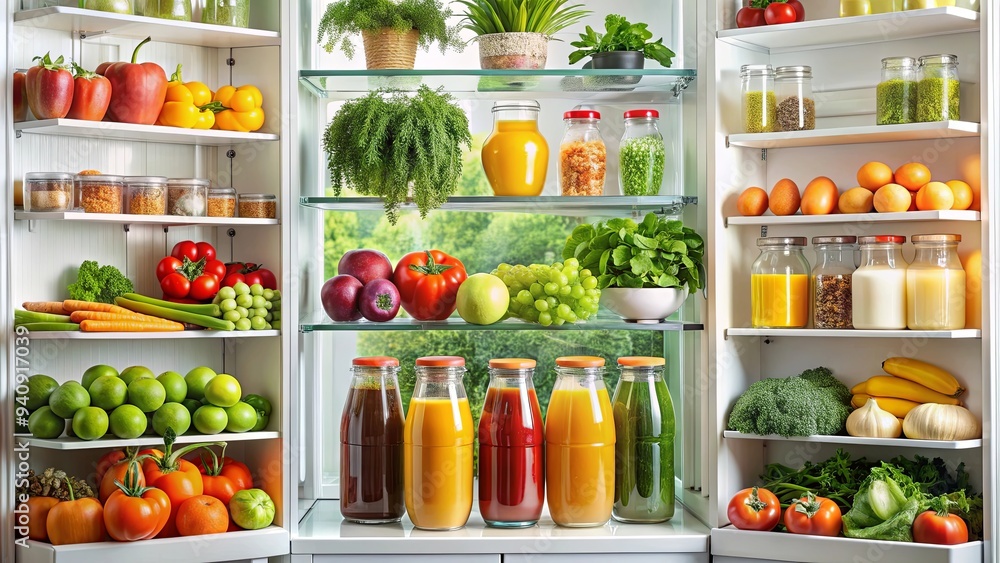 Organized refrigerator interior with fresh fruits, vegetables, and juice bottles on glass shelves Organized refrigerator interior with fresh fruits, vegetables, and juice bottles on glass shelves