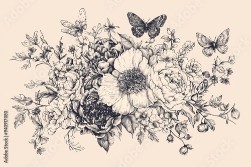 Wallpaper Mural Vintage floral card with peonies, butterflies, and birds. Torontodigital.ca
