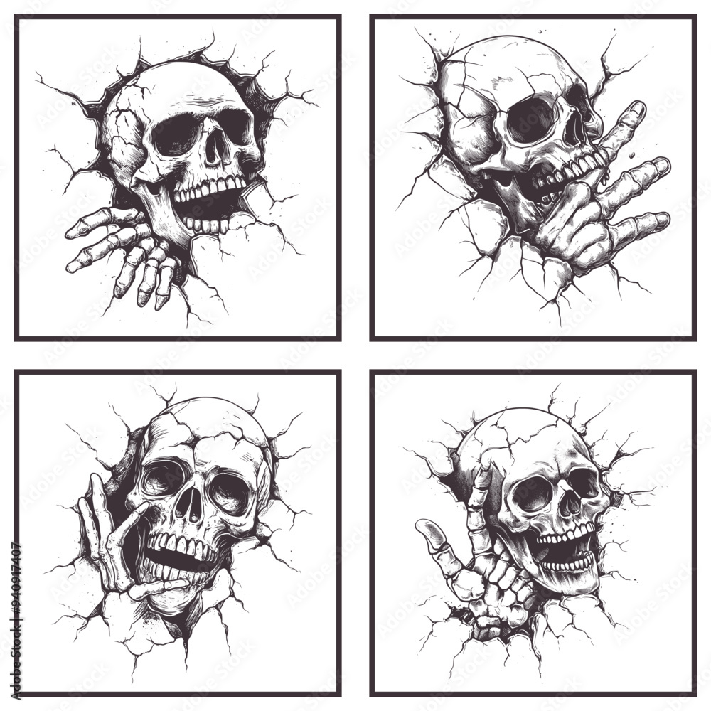 Fototapeta premium Skull and hand breaking through wall on white background