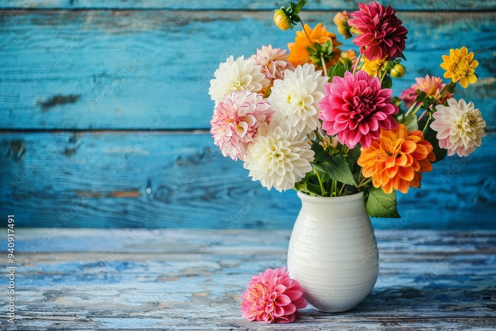 Outside, a glass jar of fall flowers sits on a table