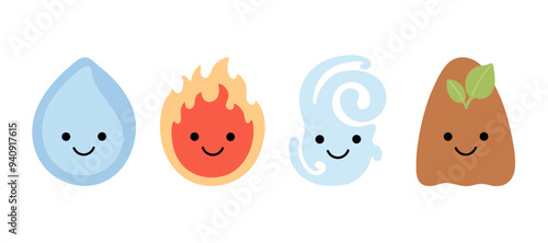 Nature elements water, fire, air and soil, cute emoji character. Drop, flame, wind and ground with face. Happy childish creature in environment. Flat vector kawaii illustration