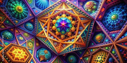 Exploring intricate fractal realms through colorful geometric patterns, fractal, geometry, vibrant, patterns