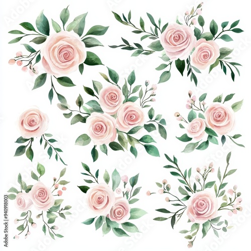 Watercolor pink roses, wreath, floral frame. Isolated on white background. Suitable for greeting cards.