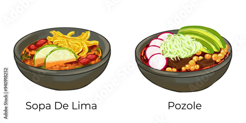 Mexican Food Illustration Set Taco Chilaquiles Nachos Quesadilla Pozole Enchilada Taquito