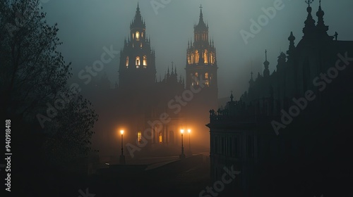 A moody, foggy night view of Santiago de Compostela Cathedral, with soft lights piercing through the mist.