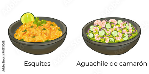 Mexican Food Illustration Set Taco Chilaquiles Nachos Quesadilla Pozole Enchilada Taquito
