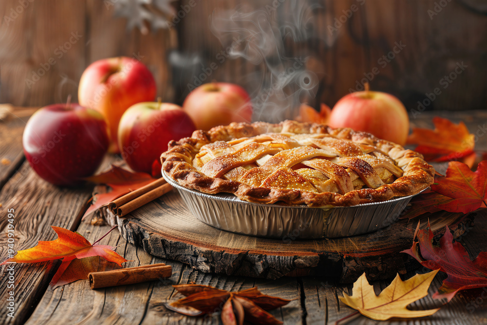 Freshly baked apple pie with autumn leaves and apples Freshly baked apple pie with autumn leaves and apples