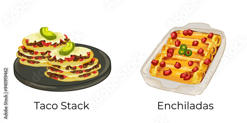 Mexican Food Illustration Set Taco Chilaquiles Nachos Quesadilla Pozole Enchilada Taquito