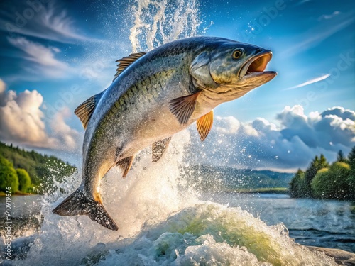 A giant fish bursts from the water's surface, its emerald body shining with sunlight-kissed brilliance as water droplets streak down its scales like diamonds.