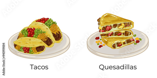 Mexican Food Illustration Set Taco Chilaquiles Nachos Quesadilla Pozole Enchilada Taquito