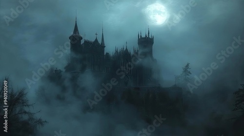 A mysterious castle shrouded in fog under a full moon, evoking a sense of enchantment and intrigue in a dark atmosphere.