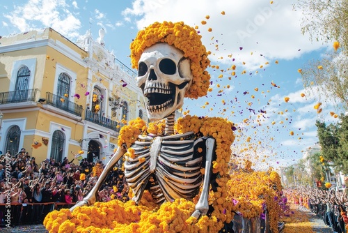 Day of the Dead Skeleton Parade with Flower Petals.