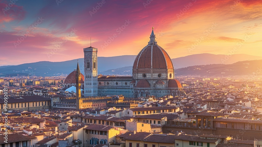 Obraz premium A panoramic shot of Piazza del Duomo, highlighting the impressive dome of Santa Maria del Fiore against the vibrant Florentine skyline.