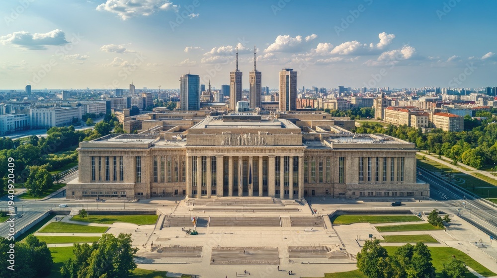 Fototapeta premium A panoramic shot of Warsaw's Palace of Culture and Science, capturing its grandeur and the surrounding cityscape.