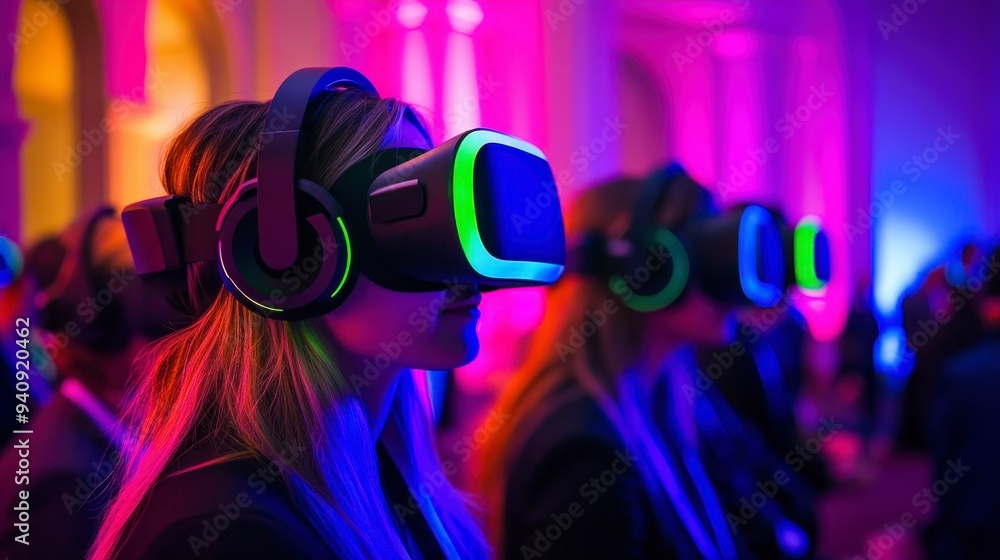 People wearing VR headsets in a colorful, illuminated setting, engaging in virtual experiences. People wearing VR headsets in a colorful, illuminated setting, engaging in virtual experiences.