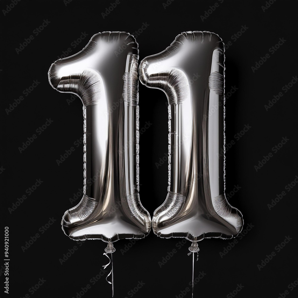 Silver birthday / anniversary balloon, number 11, black background Silver birthday / anniversary balloon, number 11, black background