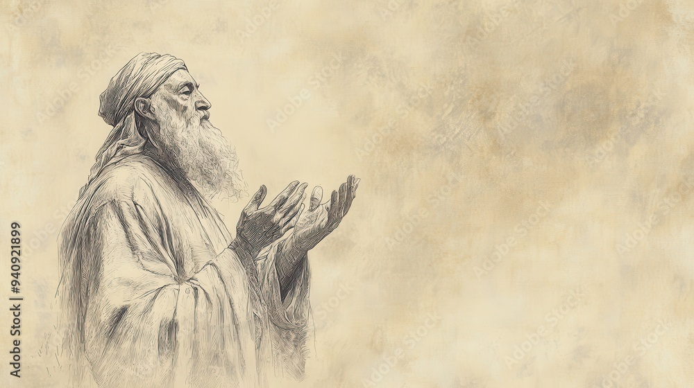 Fototapeta premium Asa Leads Judah in Prayer of Dedication in 2 Chronicles, Seeking God’s Favor and Blessings, Biblical Illustration for Faith-Based Reflection, Beige Background