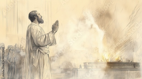 Hezekiah restoring temple rituals, lifting his hands in prayer before the altar as priests offer sacrifices, ideal for historical and religious content