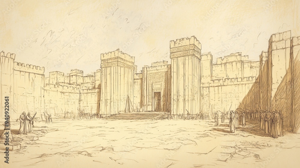 Jehoram’s Palace Falls Into Disarray as His Health Fails in 2 Chronicles, Servants and Officials Worry About Judah’s Future, Biblical Illustration for Faith-Based Reflection, Beige Background Jehoram’s Palace Falls Into Disarray as His Health Fails in 2 Chronicles, Servants and Officials Worry About Judah’s Future, Biblical Illustration for Faith-Based Reflection, Beige Background