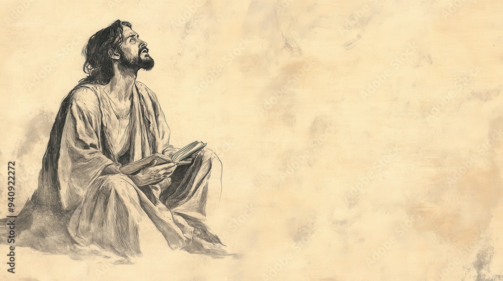 Fototapeta premium Josiah’s deep repentance, tearing his clothes in grief after hearing the Book of the Law, capturing his determination to lead Judah, ideal for historical and religious content