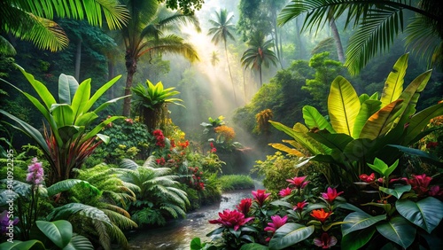 Exotic flowers and plants in lush tropical rainforest, exotic, flowers, plants, lush, tropical, rainforest, vibrant