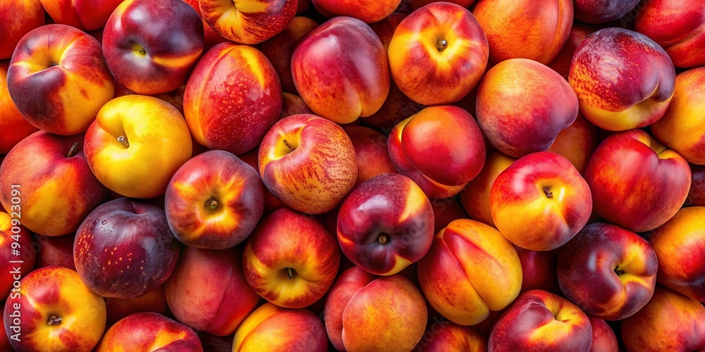 Top view of vibrant red and yellow peach fruits, Prunus persica, perfect for wallpaper or background , peaches, fruit, fresh, raw