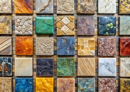 Photo image of an arrangement of different colored stone tiles on a flat surface, with varying textures and shapes.