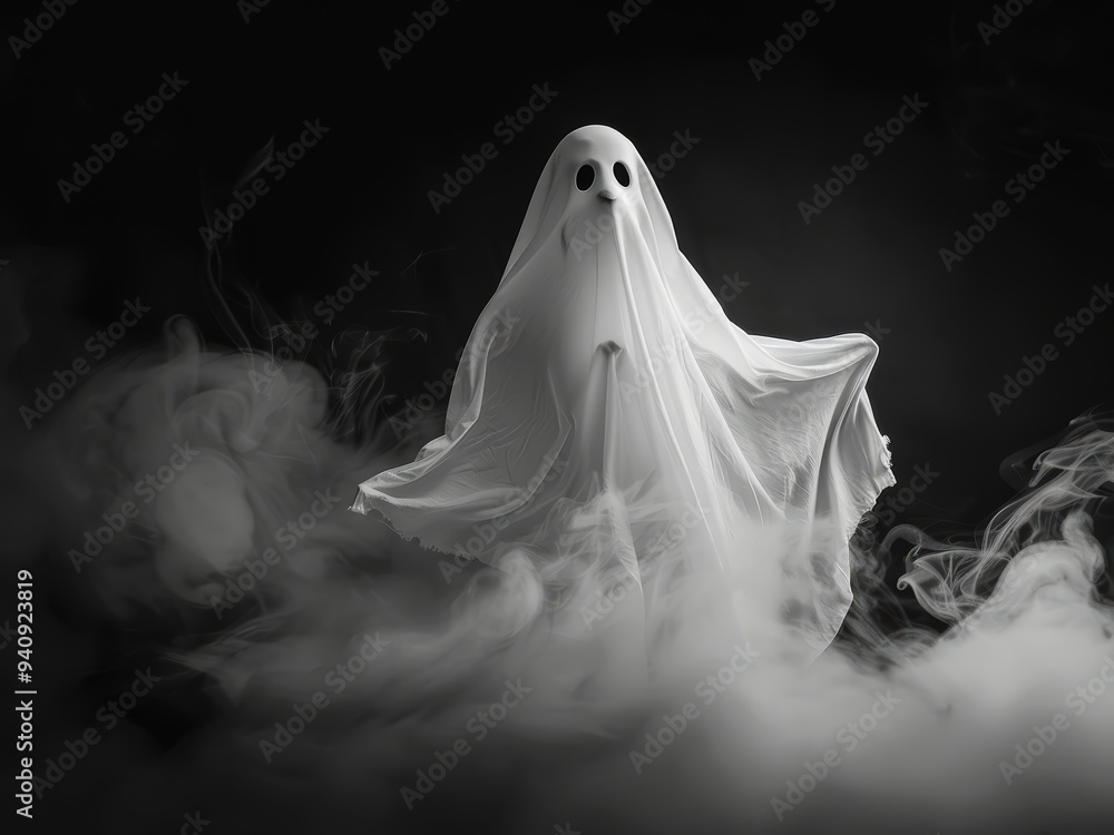 Spooky white ghost isolated on black background. Halloween concept. Spooky white ghost isolated on black background. Halloween concept.