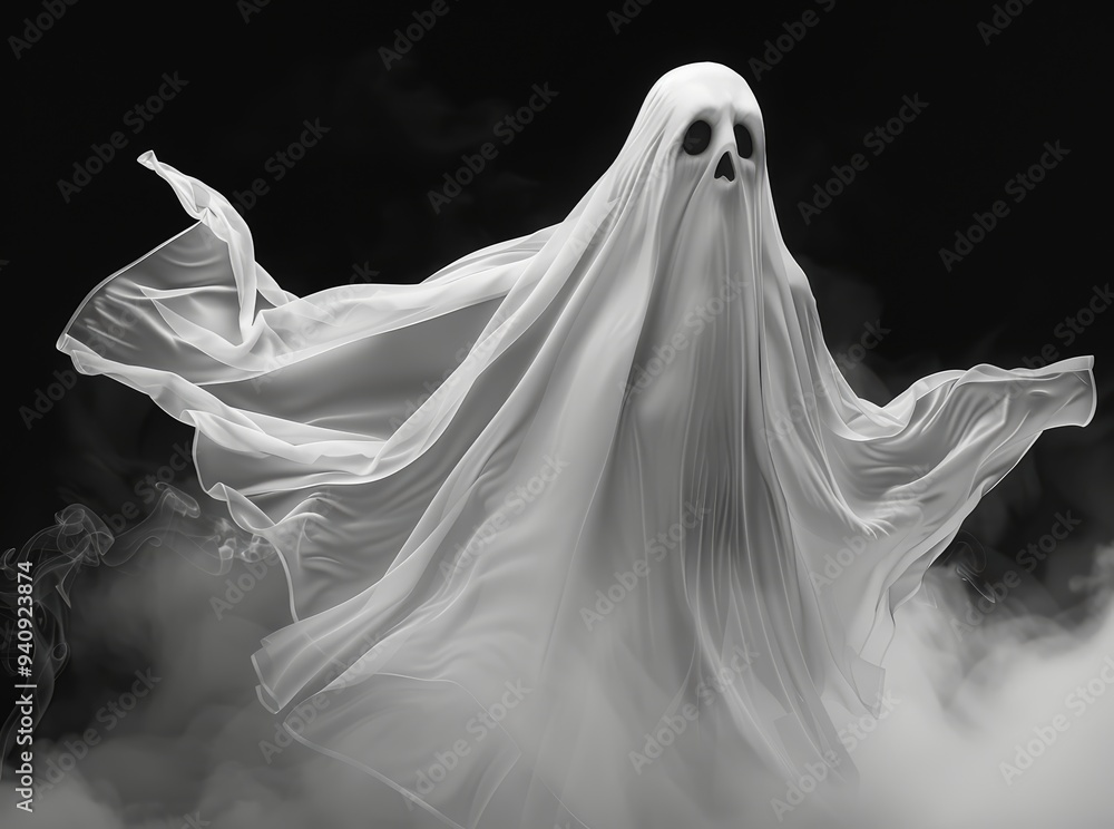 Spooky white ghost isolated on black background. Halloween concept. Spooky white ghost isolated on black background. Halloween concept.