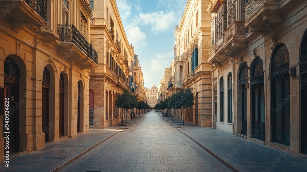 A quiet city street flanked by classical buildings, with no traffic, highlighting the beauty of urban architecture. -