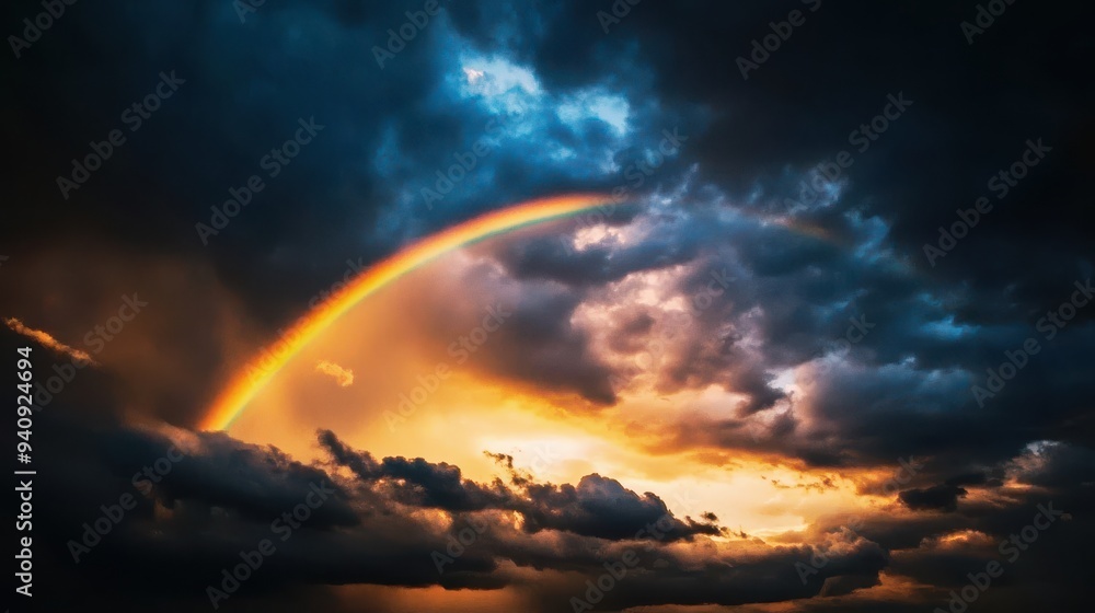 Fototapeta premium Spectacular sunset with a vibrant rainbow arcing across dramatic dark clouds, creating a stunning natural contrast in the sky.