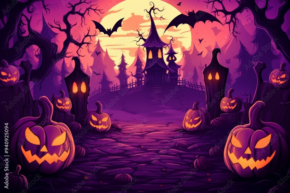 Fototapeta premium Halloween wallpaper. Purple themed haunted and spooky Halloween landscape.