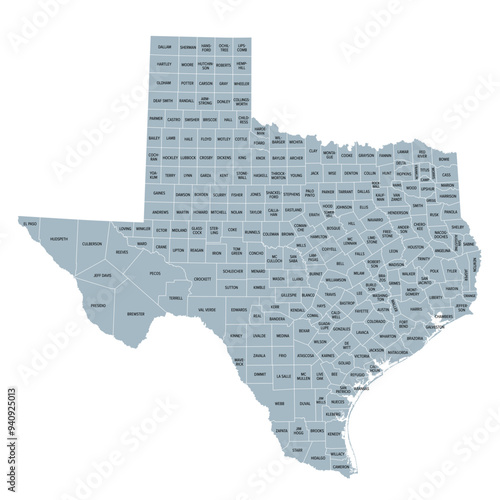 Texas, U.S. state, gray political map with borders and county names. State in the South Central region of the United States, subdivided into 254 counties. Nicknamed The Lone Star State. Illustration