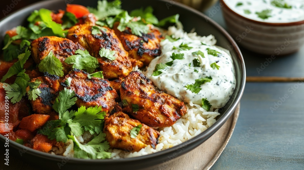 A savory Indian dish showcasing spiced chicken and basmati rice, with a side of cooling yogurt raita. A savory Indian dish showcasing spiced chicken and basmati rice, with a side of cooling yogurt raita.