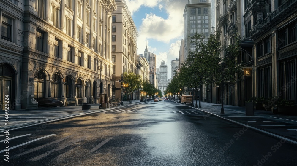 Obraz premium A scenic city street featuring classical architecture, with an empty road inviting exploration and reflection. -
